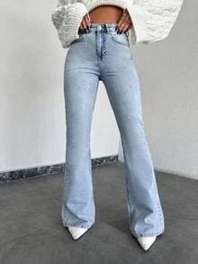 SHEIN بنطلون جينز صغير 98 قطن أزرق فاتح سادة بأسلوب ملابس الشارع الكاجوال إغلاق بأزرار بقصة واسعة للاستخدام اليومي في الصيف - أزرق فاتح - مشاهدة 2