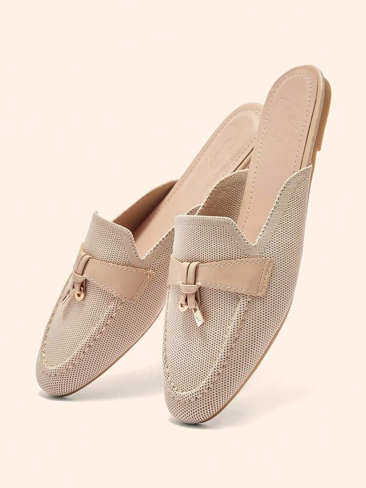 CUCCOO BASICS Women Shoes Fashion Apricot Flat Bottom Round Toe Knitted Mule Women's Shoes Commuting Versatile Elegant Party Vacation Women Flat Shoes