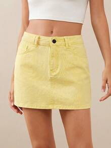 WESTFADE Chân váy mini denim cơ bản cao cấp, chất liệu 91% cotton. - Vàng nhạt - Xem 5