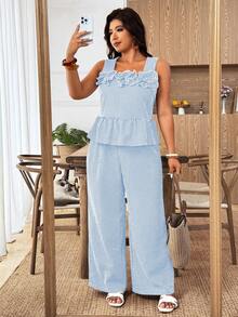 Linhara CURVE Fashionable Casual Spring/Summer Retro Elegant Commuter Black & White Plaid Hollow Floral 2 Pieces Set - Blue - View 8