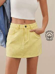 WESTFADE Chân váy mini denim cơ bản cao cấp, chất liệu 91% cotton. - Vàng nhạt - Xem 8