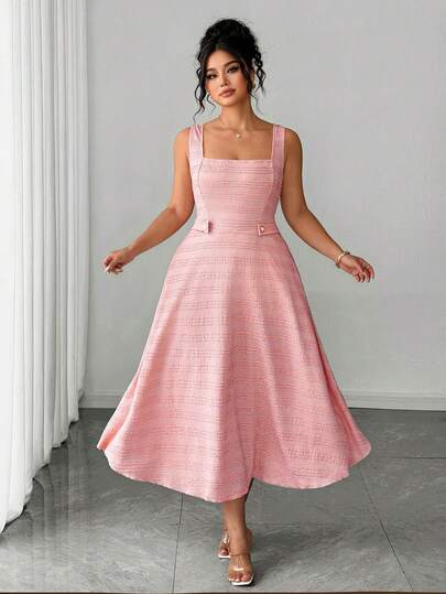 Elenzga Plus Size Women's Summer New Pink Square Neck Textured Pearl Button Decor Waist Cinching Slimming Elegant Mid-Length Sleeveless Dress, Suitable For Daily, Commute, Date, Party