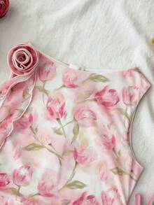 SHEIN 少女時尚優雅可愛小碎花圓領無袖洋裝 派對婚禮穿著 白色與粉色 夏季 - 粉色 - 查看 5