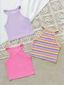 SHEIN Bộ 3 áo tank top gân sọc phong cách thường ngày cho bé gái, thích hợp đi nghỉ mát. - Nhiều màu - Xem 2