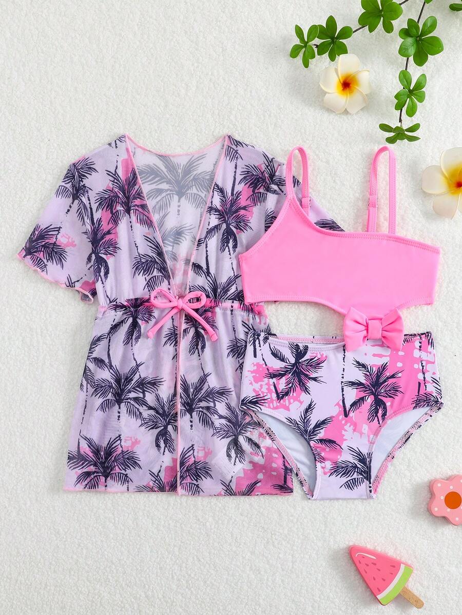 SHEIN 女童椰树印花分体泳衣三件套，女童粉紫色度假风泳衣抽绳连帽衫，夏季新款，甜美蝴蝶结高腰泳衣，适合女童、婴儿、海滩、泳池、水上乐园等场合，亲肤透气速干面料，可调节肩带设计，遮肚显瘦，防光，适合3-8岁女孩，夏季度假和水上游戏必备泳衣套装 - 淡紫色 - 查看 1