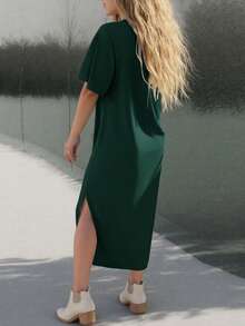 Tropvida Women's Casual Solid Color Side Slit Dress, Summer - Dark Green - View 2