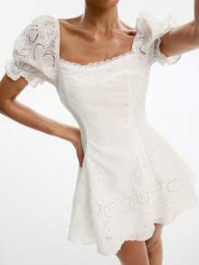 Joudiya Vestido de encaje blanco de primavera y verano, diseño de empalme jacquard con textura calada, informal y dulce, adecuado para el Día de San Valentín, boda, fiesta, evento de moda, falda corta en línea A, manga corta, vestido elegante para el trabajo para mujeres - Blanco - Ver 3