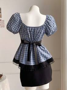 Comfortcana Áo kiểu nữ tay raglan kẻ caro cài nút - Màu xanh hải quân - Xem 2