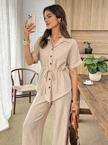 Elouméa Size Summer Casual Solid Color Drawstring Waist Shirt And Pants 2 Pieces Set - Khaki - View 5
