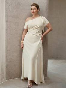 MOTF PREMIUM PLUS SIZE ELEGANT ASYMMETRICAL NECK WOMEN LONG DRESS - Apricot - View 5