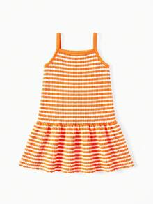 Maija Kids Maija Kids 一件装，女童休闲优雅条纹宽松吊带连衣裙，适合日常穿着、返校、外出、聚会、节日、春夏穿着。 - 橘色 - 查看 2