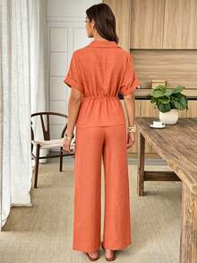 Elouméa Bộ đồ hè dáng rộng, màu trơn, có dây rút ở eo, áo và quần (2 món) - trái cam - Xem 2