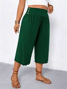 Elenzga Plus Size Women Casual Ruffle Hem Wide Leg Capri Pants - Dark Green - View 5