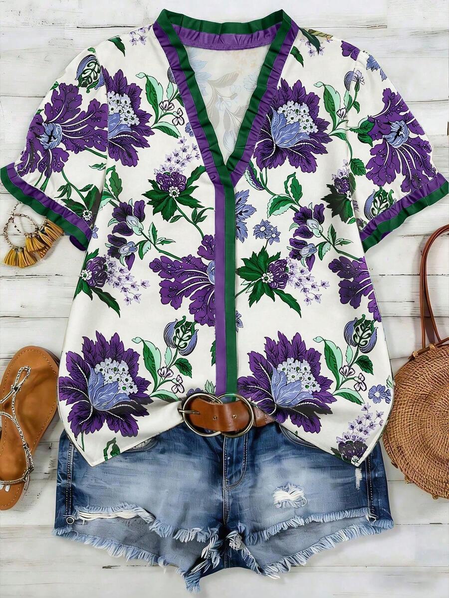 Women's Woven Printed Summer Blouse For Ladies - Purple - View 1