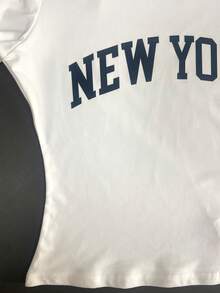 New York Letter Graphic Casual Short Sleeve Round Neck White T-Shirt, Summer - White - View 5