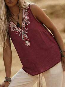 Áo tank top mùa hè cho nữ, áo tank top không tay cổ chữ V in họa tiết, áo tank top mặc thường ngày, thích hợp cho kỳ nghỉ hoặc đi chơi. - Màu Đỏ Sâu - Xem 5