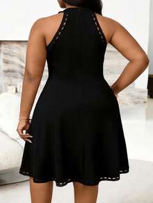 SHEIN CURVE+ Plus Size Versatile Sexy Patchwork Lace Trim Knit Dress Cocktail Black Summer - Black - View 2