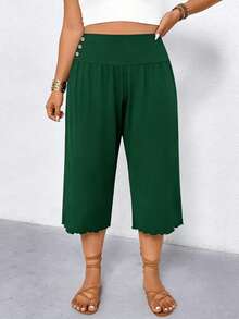 Elenzga Plus Size Women Casual Ruffle Hem Wide Leg Capri Pants - Dark Green - View 4