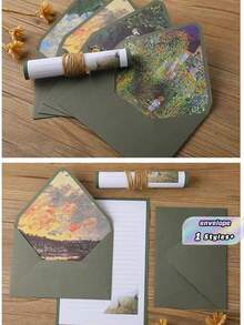 16 Green Set Of Oil Painting Envelopes Containing 6 Envelopes And 10 Pieces Of Writing Stationery For Making Invitations And Greeting Cards Gift Greeting Cards Writing Letters New Year's Gifts - Green - View 5