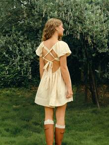 WESTFADE Women's Puff Sleeve Pleated Mini Babydoll Dress - Apricot - View 2