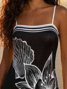 CAJUNI Vacation Casual Floral Print Camisole Mini Dress ,Summer Dress - Black - View 5