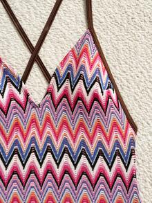 SHEIN Swim 夏季新款多色纹理面料深V高开衩交叉露背带沙滩浪漫度假连体泳衣（女款） - 彩色 - 查看 4