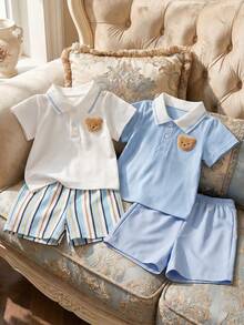 Souflis Souflis 4pcs Baby Boy Infant Toddler Newborn Casual Everyday Outing Gentleman Academy Style Polo Shirt Set, Blue Polo Shirt + White Polo Shirt + Shorts - Multicolor - View 3