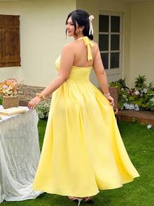 FleurLily Vestido camisola de tela texturizada de color amarillo claro elegante para mujer de talla grande con cuello cuadrado, lazo en la espalda, cintura ajustada, falda acampanada, sin mangas, con adorno de encaje, adecuado para oficina, viajes, graduación, vacaciones, San Valentín, festivales de música, Día de la Madre, Halloween, Acción de Gracias, Pascua, Día Nacional, baile de graduación, citas, bodas, actividades al aire libre - Amarillo claro - Ver 2