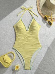 Swim Mod 女士 26SS 春夏新款黄色波浪纹面料 V 领露背吊带撞色花卉饰边连体泳衣 - 黃色 - 查看 4