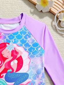 SHEIN Mermaid Print Long Sleeve Swimsuit Set, Purple, Vibrant Fish Scale Pattern Allows Kids To Swim Through Fairy-Tale Underwater World - Multicolor - View 5