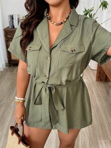 Weeklong Plus Size Women Summer Short Sleeve Lapel Button Jumpsuit,Olive Green Smart Casual Everyday Rompers  Pockets,Sommar Loose Waist Tie Safari Outfit Set - Green - View 3