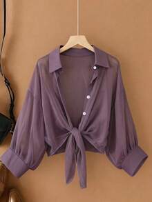 Calvaya Plus Size Casual Solid Color Tie-Up Shirt - Purple - View 1