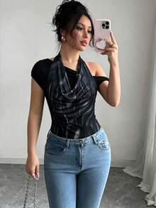 SHEIN LUNE Áo thun nữ màu đen co giãn, in kỹ thuật số, cổ xếp ly, thắt nút xoắn, dáng ôm bất đối xứng. - màu đen - Xem 3
