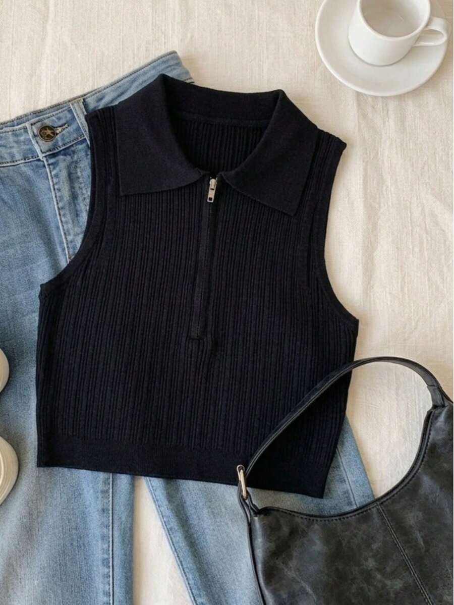SWETER CROP SIN MAGAS CUELLO CAMISERO - NEGRO - Ver 1