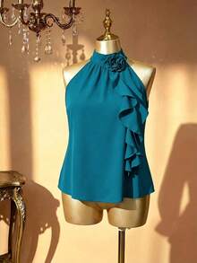 Rometta Plus Size Summer Elegant 3D Floral Ruffle Neck Blouse For New Year Clothes - Green - View 1