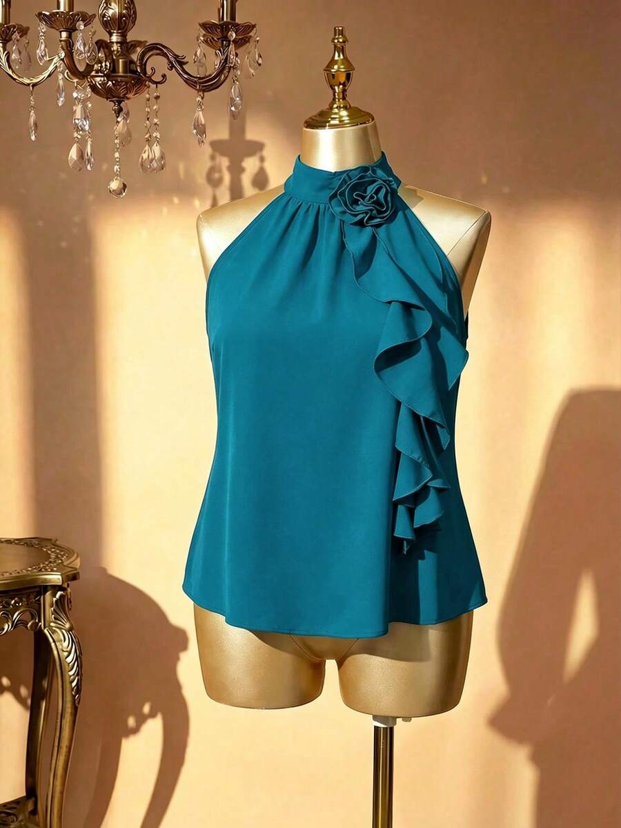 Rometta Plus Size Summer Elegant 3D Floral Ruffle Neck Blouse For New Year Clothes - Green - View 1