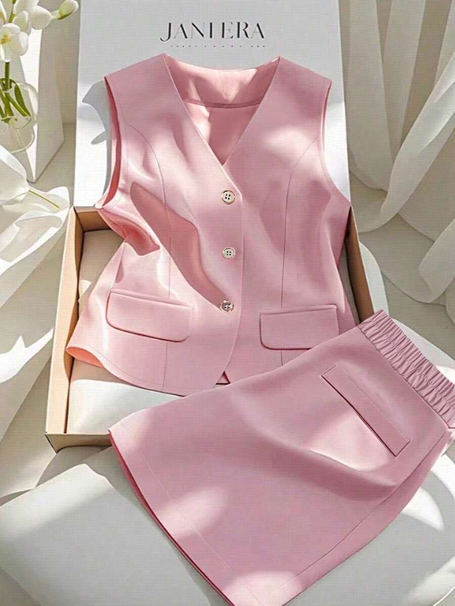 GlowEve CURVE Plus Size Women Solid Color Vest & Shorts Set - Dusty Pink - View 1