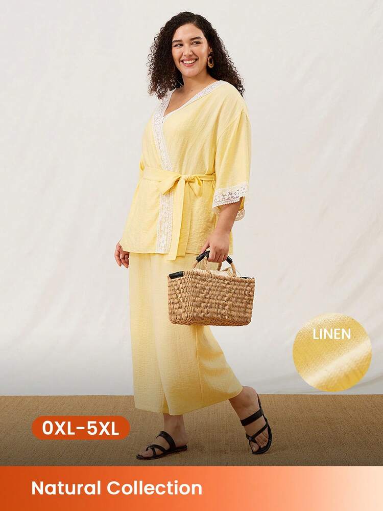 Ensemble de pyjama grande taille d'été en lin léger et doux avec dentelle élégante. Top et pantalon d'intérieur aérés avec poches. Tenue décontractée et confortable pour une vie romantique et cosy à la maison.