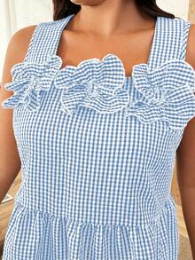 Linhara CURVE Fashionable Casual Spring/Summer Retro Elegant Commuter Black & White Plaid Hollow Floral 2 Pieces Set - Blue - View 6