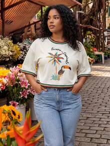 CAJUNI Blusa corta de verano de talla grande con cuello redondo, hombros caídos y mangas cortas a rayas - Blanco - Ver 5