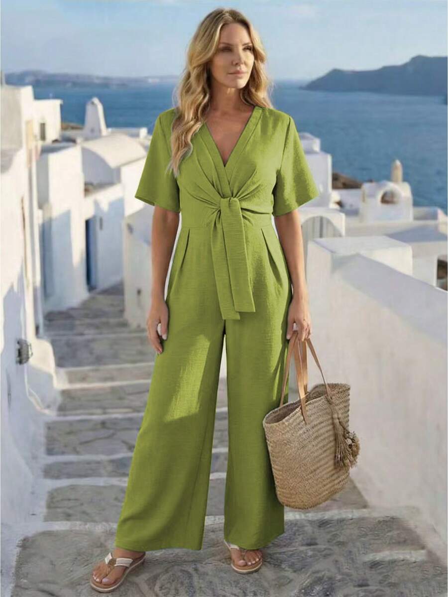 Rometta Bộ jumpsuit cỡ lớn thời trang, phong cách retro, cổ chữ V, thắt eo. - Màu xanh Ô liu - Xem 1