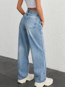 SHEIN Pantalón vaquero recto de talle alto, ajuste regular, lavado azul medio, con botones delanteros y rodillas rotas, estilo casual - Azul lavado medio - Ver 2