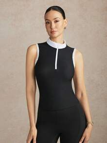 Activina Women's Contrast Color Collar Sleeveless Half-Zip Casual Minimalist Equestrian Outfit - Black and White - View 6