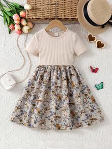 Emery Rose Kids Emery Rose Kids 女童针织纯色圆领拼接雪纺花卉下摆休闲连衣裙 - 卡其色 - 查看 7