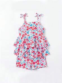 SHEIN Young Girls Flower Print Spaghetti Strap Tied-Front Top And Bottom Swimwear 2 Pieces Set - Multicolor - View 1