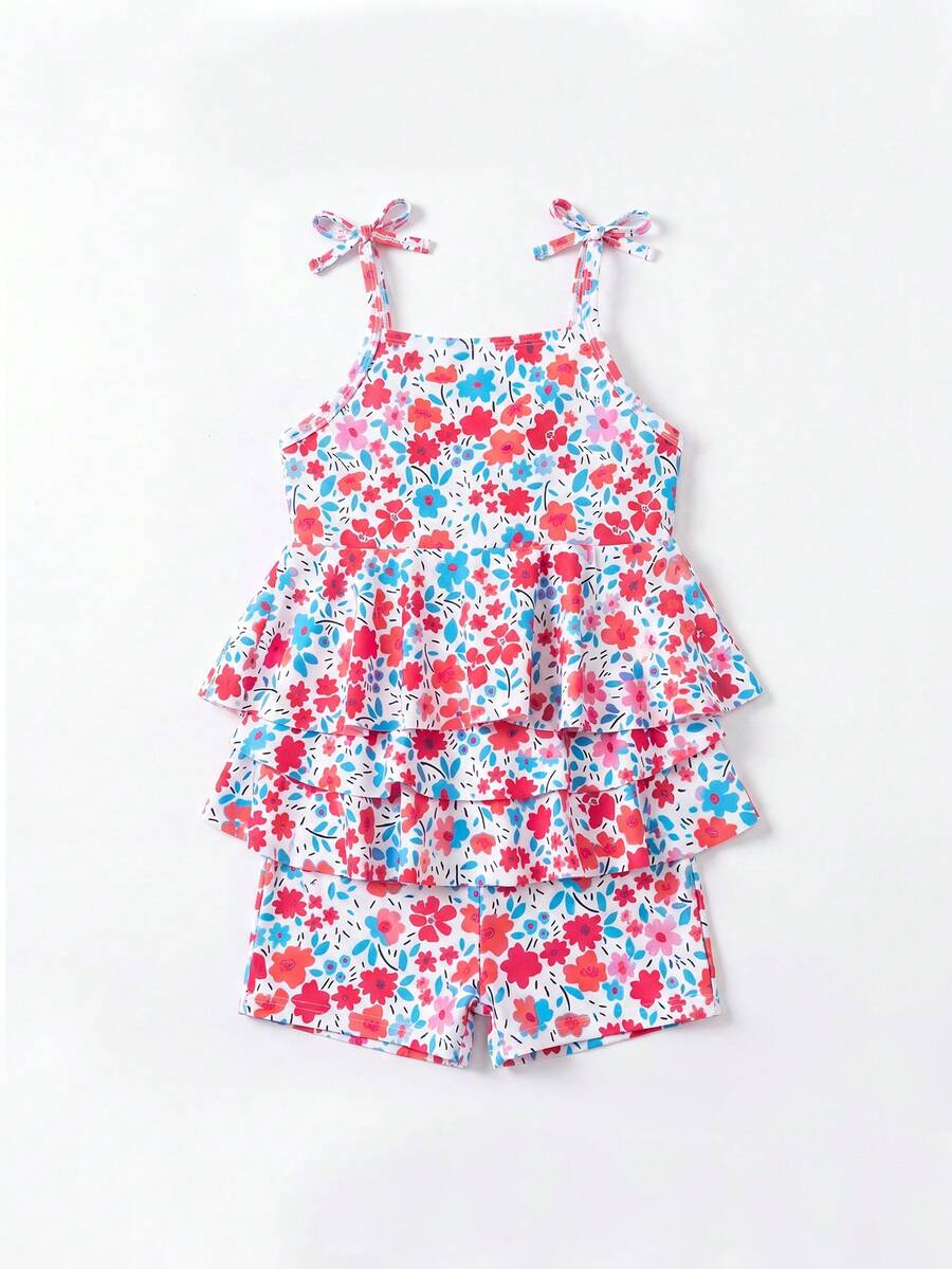 SHEIN Young Girls Flower Print Spaghetti Strap Tied-Front Top And Bottom Swimwear 2 Pieces Set - Multicolor - View 1