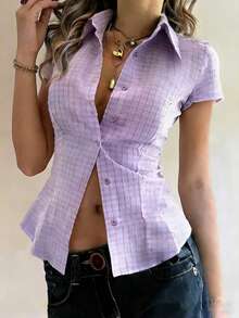 EMERY ROSE Camisa a cuadros de mujer de solapa única, versátil y casual para uso diario - Morado - Ver 3