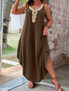 Breezaya Plus Size Women Versatile Slimming Floral Trim Collar Maxi Camisole Dress - Brown - View 5