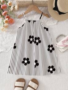 SHEIN Elladie kids 4-7岁女童碎花无袖连衣裙，轻薄面料，舒适休闲日常穿着 - 彩色 - 查看 3