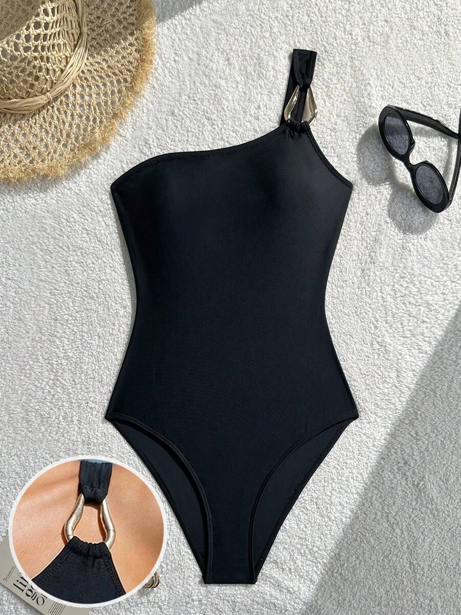 SHEIN Teen Girls Black One-Piece Swimsuit With Metal Buckle Decor, Suitable For Beach & Holiday, Summer One Piece Bathing Suit One Piece Swimsuits - Black - View 1
